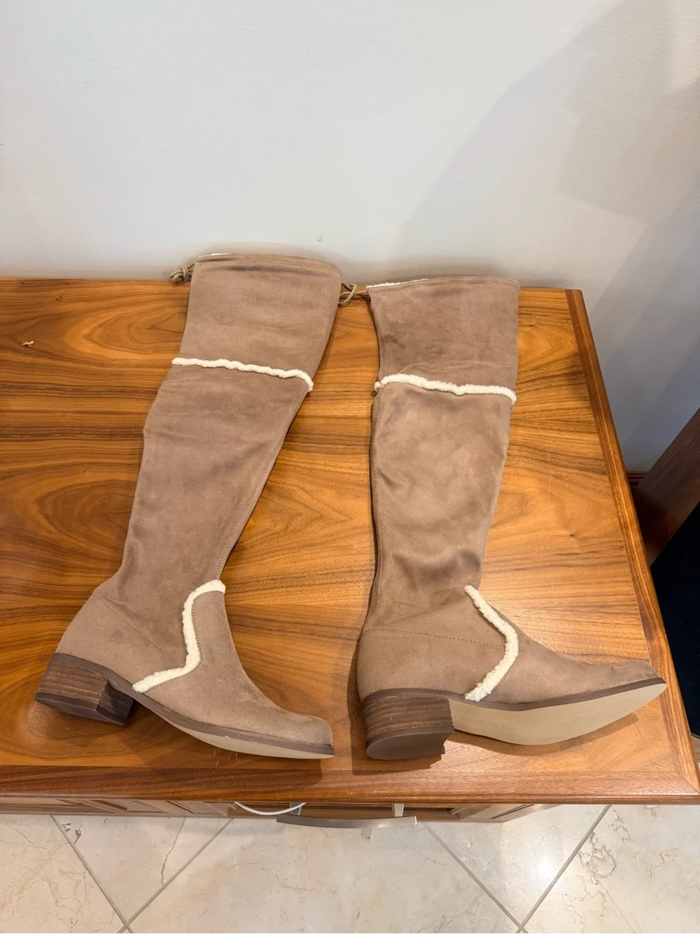 Charles David Taupe Over-the-Knee Faux-Suede Boots with Shearling Trim